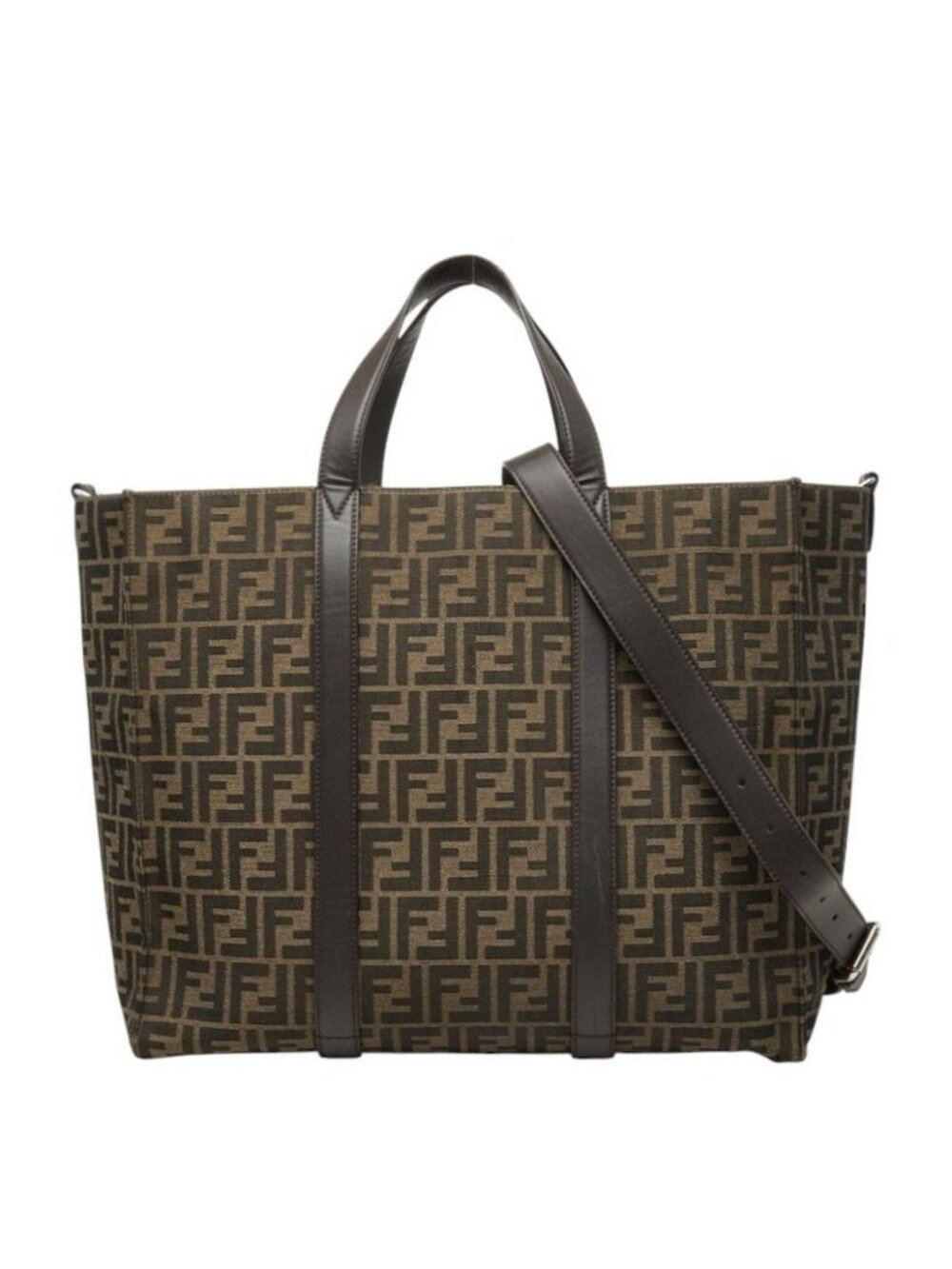 Fendi FF Logo Zucca Pattern Tote Shoulder Bag Brown Leather Jacquard